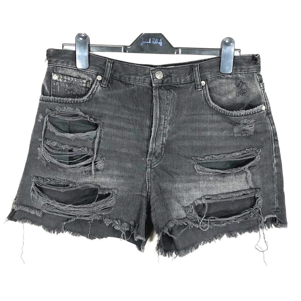 WE THE FREE People DESTROYED Button-Fly HIGH-RISE Black MAGGIE JEANS SHORTS 31